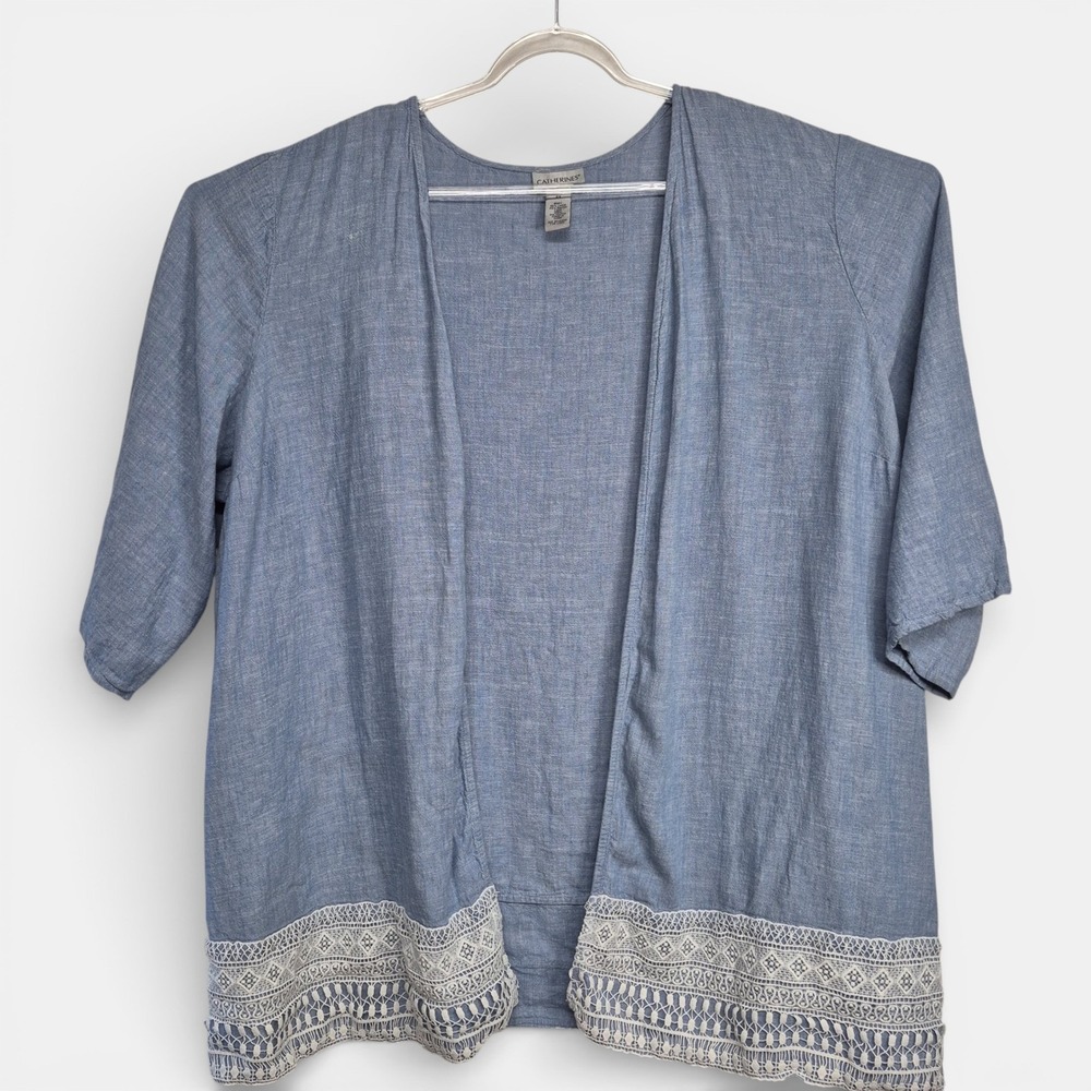 Catherines Blue Linen Blend Lace Trim Open Front Cardigan Kimono Plus Size 4X